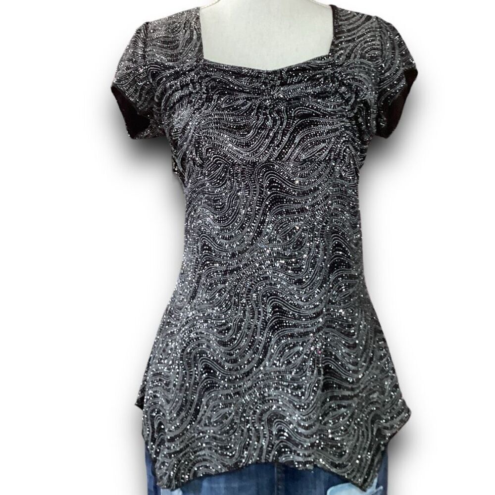 Dressbarn Black & Silver Sequined Black Hem Rouche Top